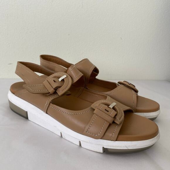 Aquatalia Sydni Nude Leather Dual Buckle Wedge Sandals Size 10 - Picture 3 of 11